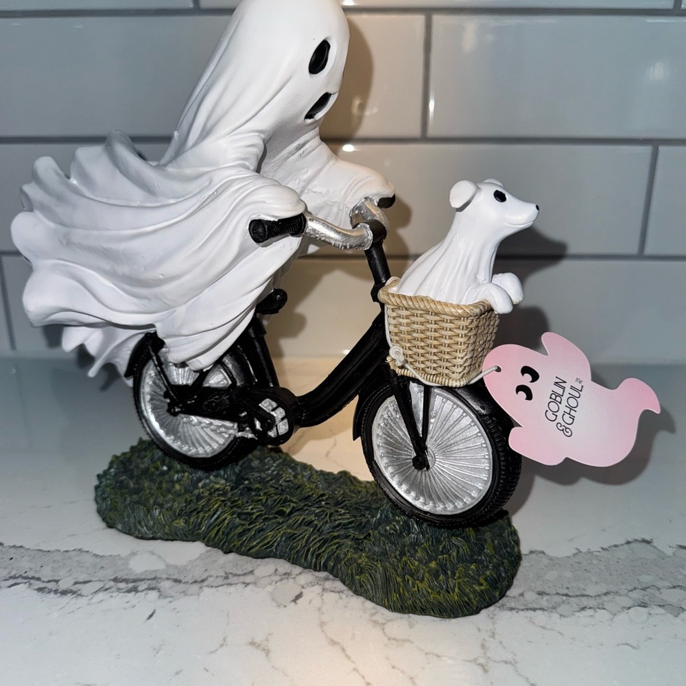 Spooky Ghost and Dog Bicycle Figurine - White and Black